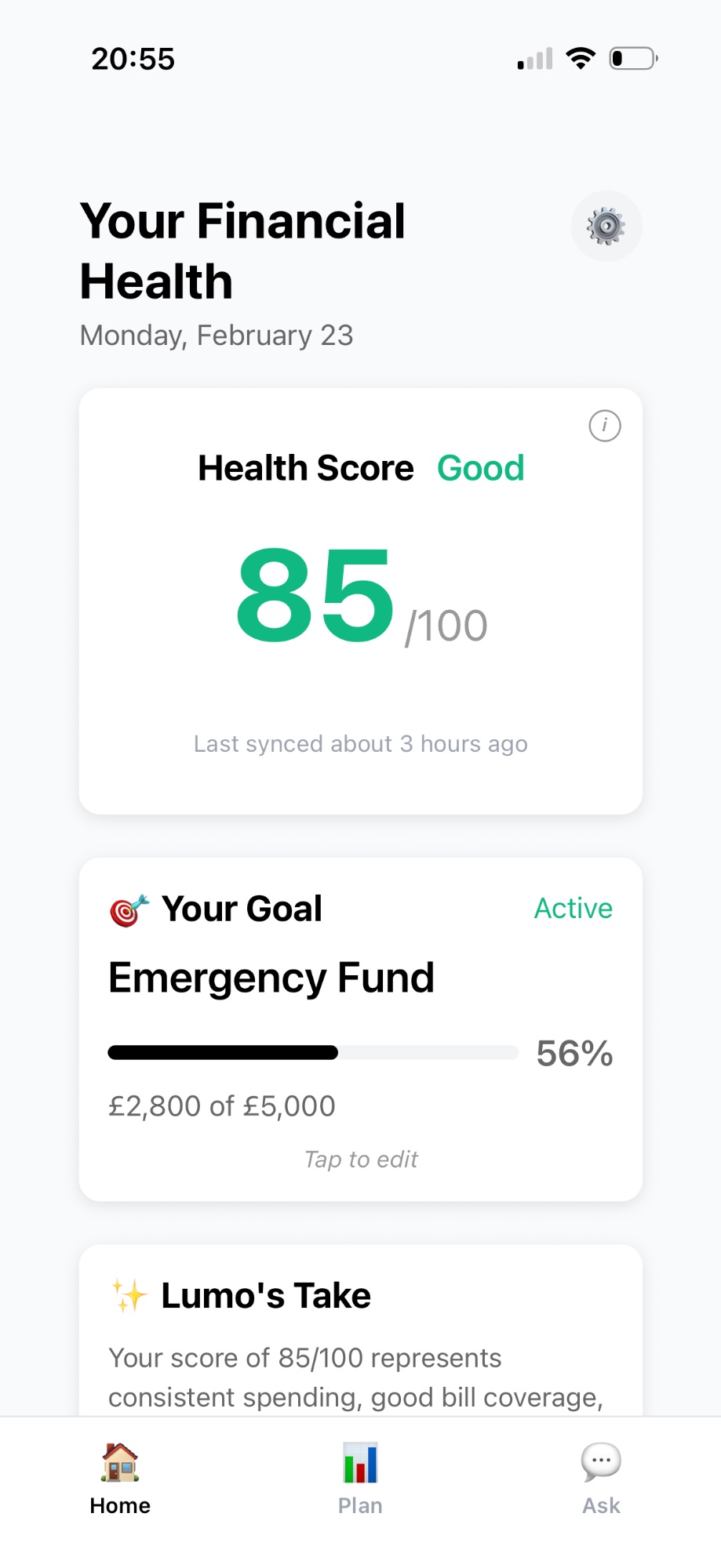 Lumo Home - Health Score 78/100, House deposit goal, 57 days runway